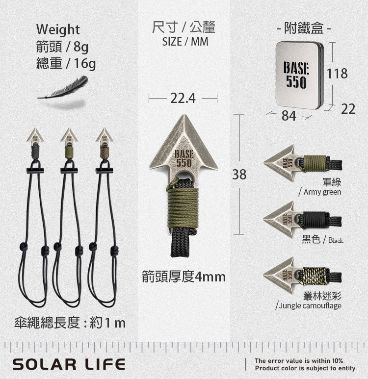 Weight尺寸公釐 附鐵盒-SIZE  MM箭頭/8g重 / BASE11855022.422總長度 : 約 1mSOLAR LIFEBASE55038箭頭厚度4mm550軍綠/Army green黑色/ Black叢林迷彩/Jungle camouflageThe error value is within 10%Product color is subject to entity