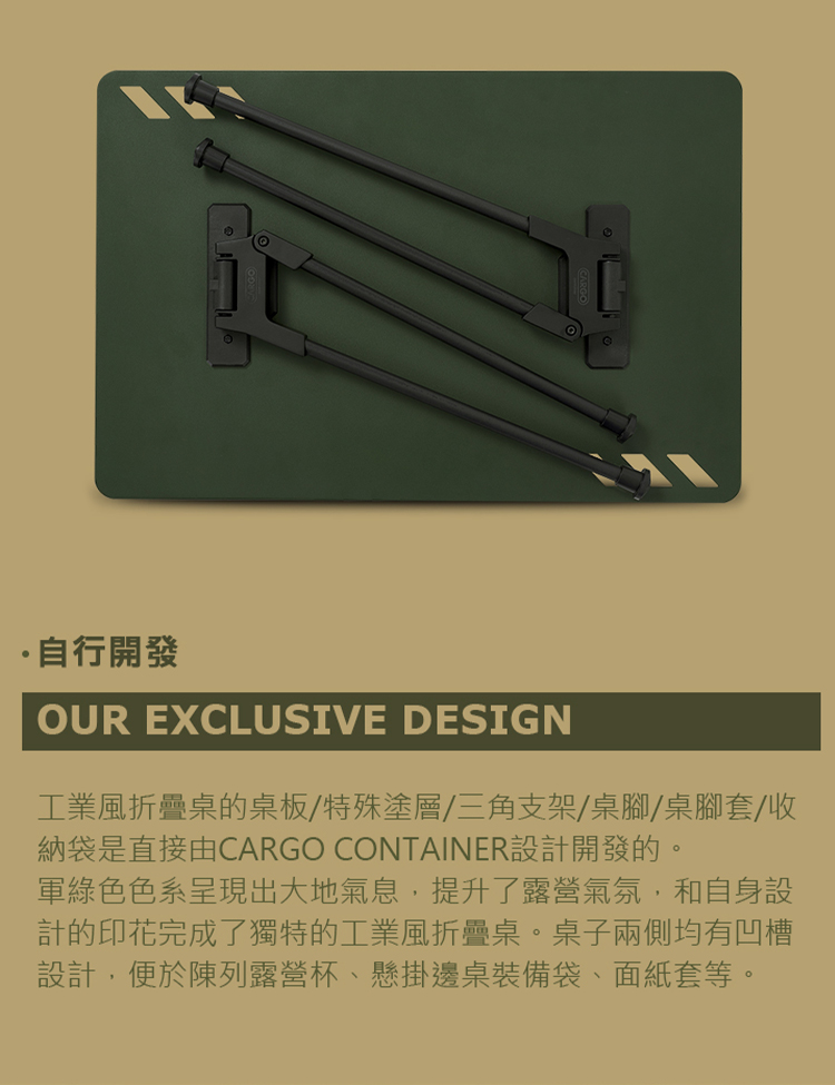 開發OUR EXCLUSIVE DESIGN工業風折疊桌的桌板/特殊塗層/三角支架/桌腳/桌腳套/收納袋是直接由CARGO CONTAINER設計開發的。軍綠色色系呈現出大地氣息,提升了露營氣氛,和自身設計的印花完成了獨特的工業風折疊桌。桌子兩側均有凹槽設計,便於陳列露營杯、懸掛邊桌裝備袋、面紙套等。