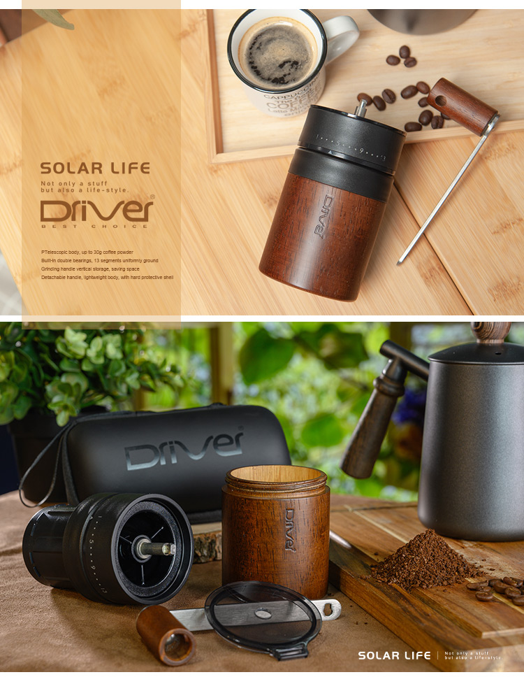 SOLAR LIFENot only a stuffbut also a lifele body up to 30g coffee powder- double bearings 3 segments  groundGrinding    saving spaceDetachable handle,  body, with hard protective DriverCAPP1SOLAR LIFE sty