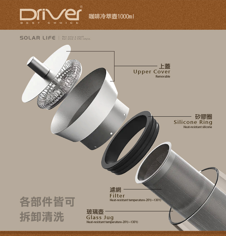 Driver咖啡冷萃壺1000ml HOIESOLAR LIFE   but also a -styleT各部件皆可拆卸清洗玻璃壺上蓋Upper over濾網FilterHeat-resistant temperature-20C130CGlass JugHeat-resistant temperature-20CRemovable矽膠圈Silicone RingHeat-resistant silicone