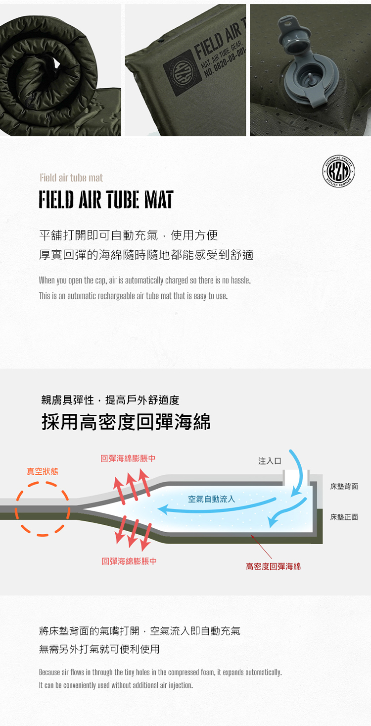 FIELD AIRMAT AIR TUBE GEARNO.0820-08-00VField air tube matFIELD AIR TUBE MAT平舖打開即可自動充氣使用方便厚實回彈的海綿隨時隨地都能感受到舒適When you open the cap air is automatically charged so there is no hassle.This is an automatic rechargeable air tube mat that is easy to use.親膚具彈性,提高戶外舒適度採用高密度回彈海綿回彈海綿真空狀態空氣自動流入注入口床墊回彈海綿膨脹中高密度回彈海綿將床墊背面的氣打開,空氣流入即自動充氣無需另外打氣就可便利使用Because air flows in through the tiny holes in the compressed foam, it expands automatically.It can be conveniently used without additional air injection.床墊正面